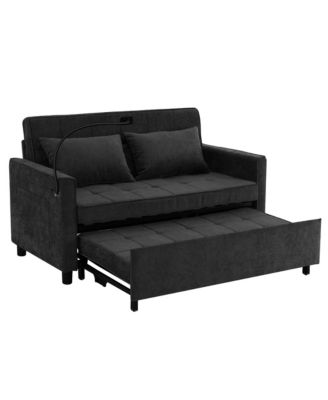 56.9" Loveseat Sofa Bed, Pull-Out Sleeper, Linen, Reversible Backrest, Side Pockets, USB Ports, Phone Holder