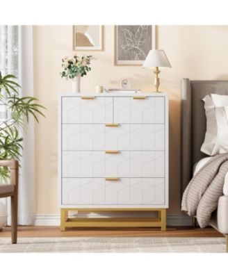 Modern 5-Drawer Dresser with Gold Metal Legs and Handles, Wood Storage Chest for Bedroom, Living Room or Hallway