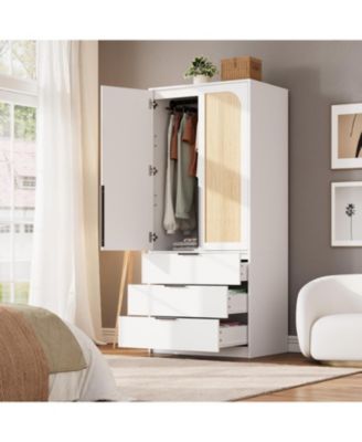 Armoire Wardrobe Closet with 3 Drawers and 2 Doors, Modern Tall Wooden Wardrobe Cabinet for Hanging Clothes, Bedroom Storage Organizer