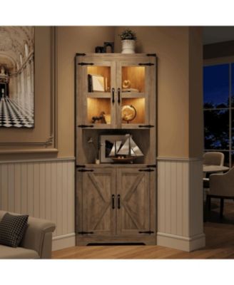 67" Tall Corner Storage Cabinet with Lights, Farmhouse Wooden Corner Hutch with Glass Doors, Adjustable Shelves, Display Cabinet