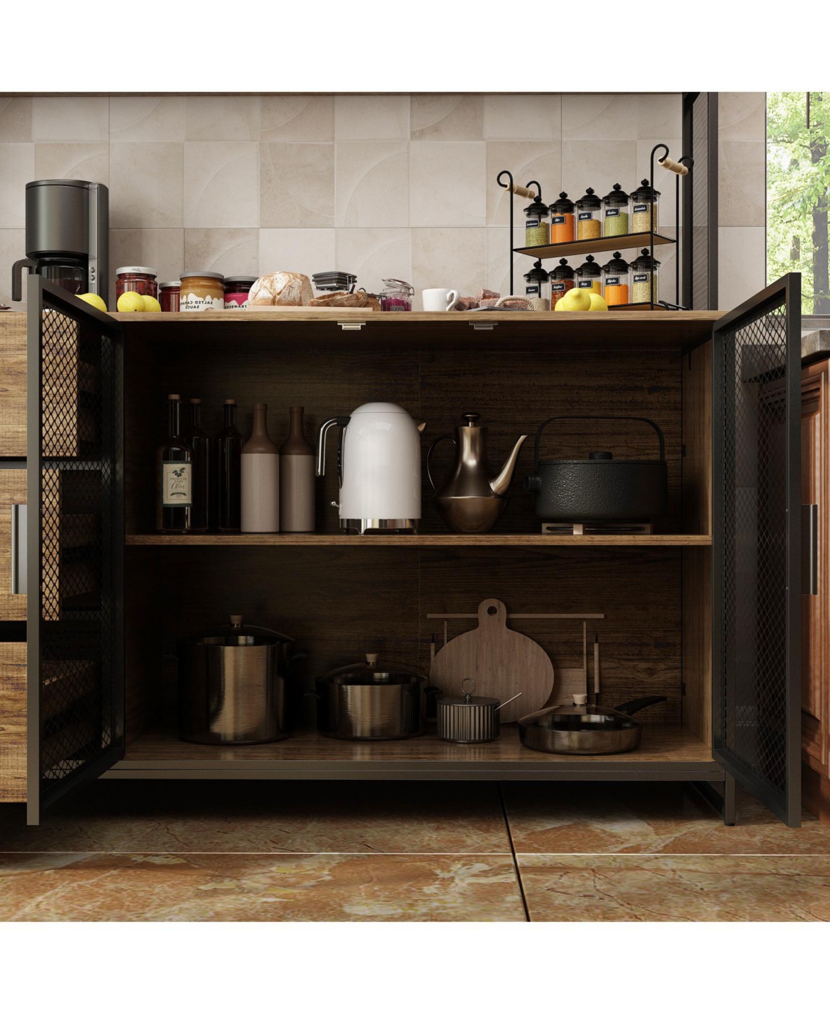 Homsee Brown Buffet Sideboard Cabinet with Metal Mesh Doors, 3-Drawers