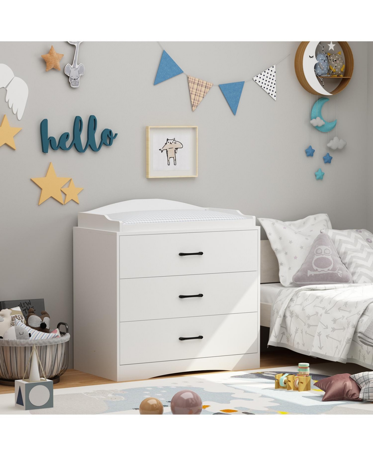 Multi-purpose changing table with three drawers, baby changing station with changing table top and drawers, white wood