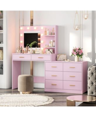 61" Vanity Desk with Mirror and Lights, 8 Drawers & 2 Shelves, 3 Lighting Modes, Makeup Vanity with Adjustable Brightness for Bedroom