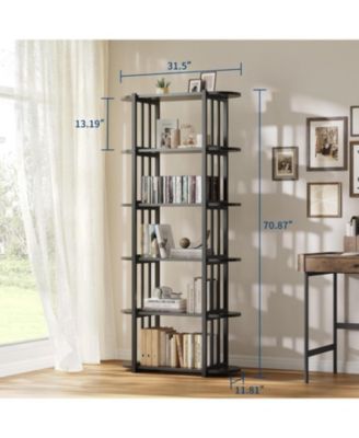 6-Tier Wooden Bookshelf, 71" Industrial Tall Bookcase with Metal Frame