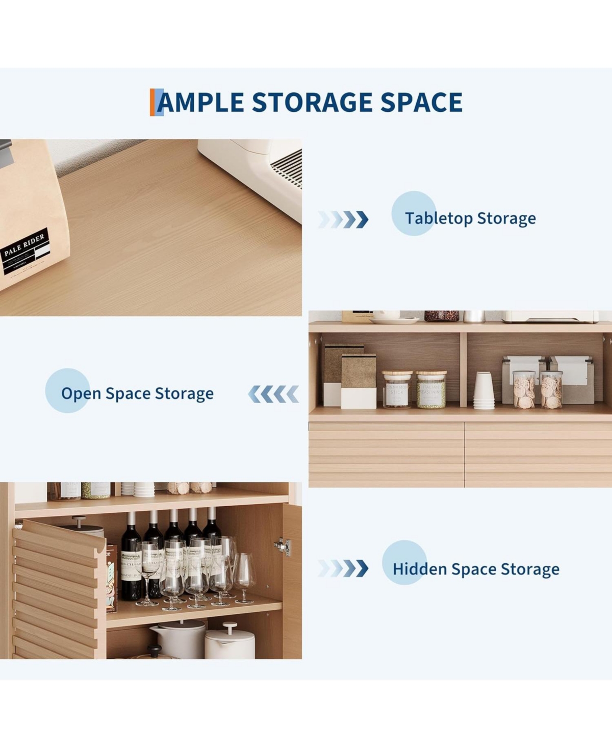 Gaomon Fluted Storage Cabinet with Metal Legs, Mid Century Modern Sideboard, Buffet Credenza for Living Room or Entryway