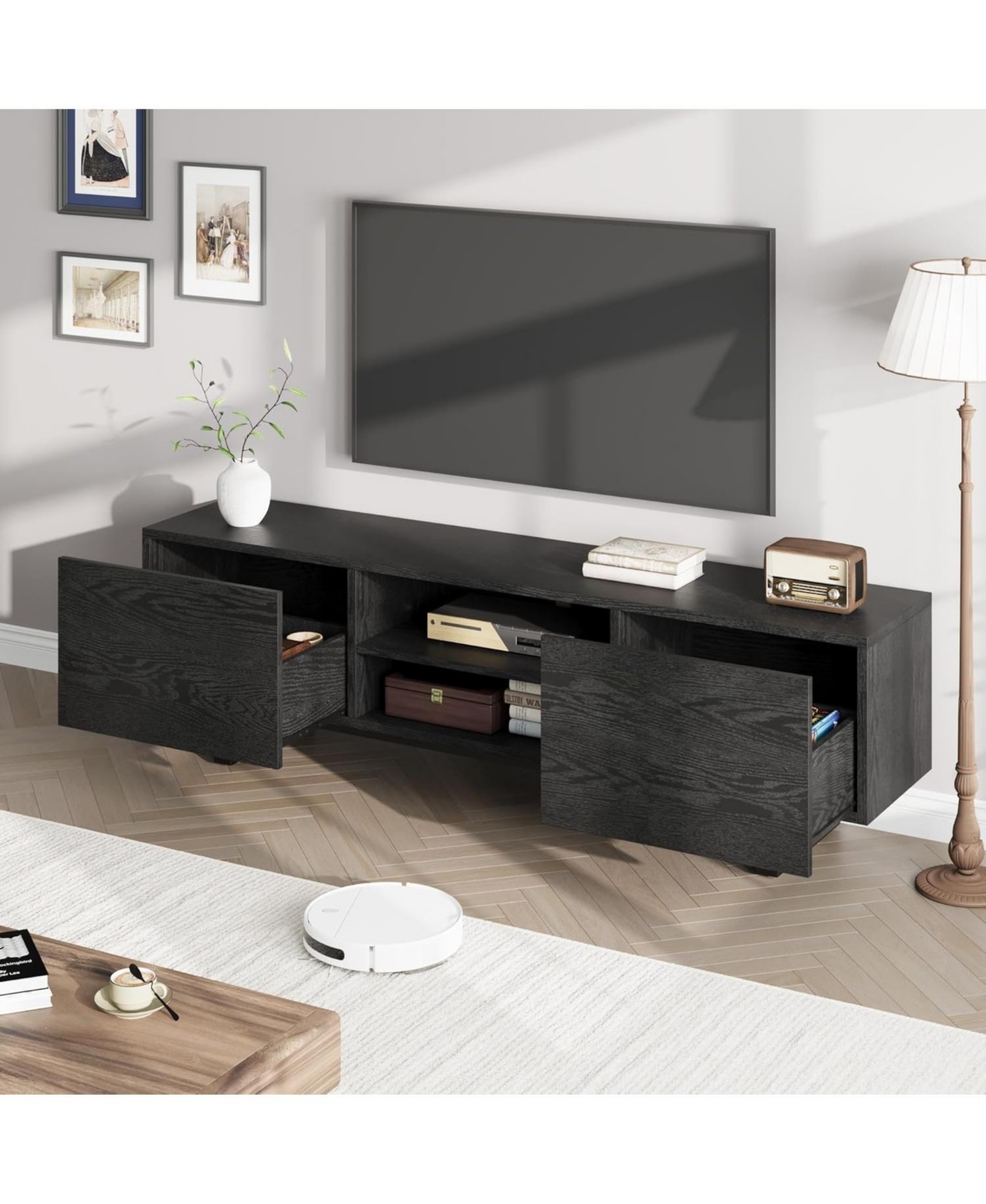 Gaomon Industrial Tv Stand for 80 Inch Tv, Modern Black Wood Entertainment Center with 2 Drawers, Heavy Duty Metal Legs, Open Storage