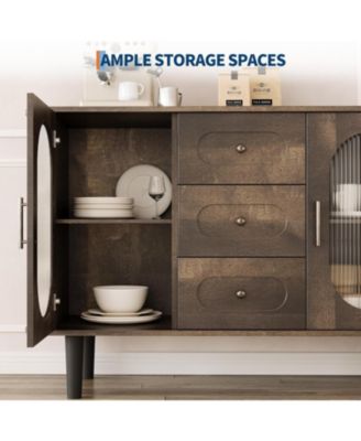 47" Sideboard Buffet Cabinet with Fluted Glass Doors, 3 Drawers, Adjustable Shelves, Modern Farmhouse Coffee Bar Storage