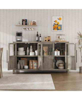55" Sideboard Buffet Cabinet with 4 Glass Doors, Display Coffee Bar & Wine Storage, Modern Farmhouse Credenza for Dining Room, Kitchen, Living Room