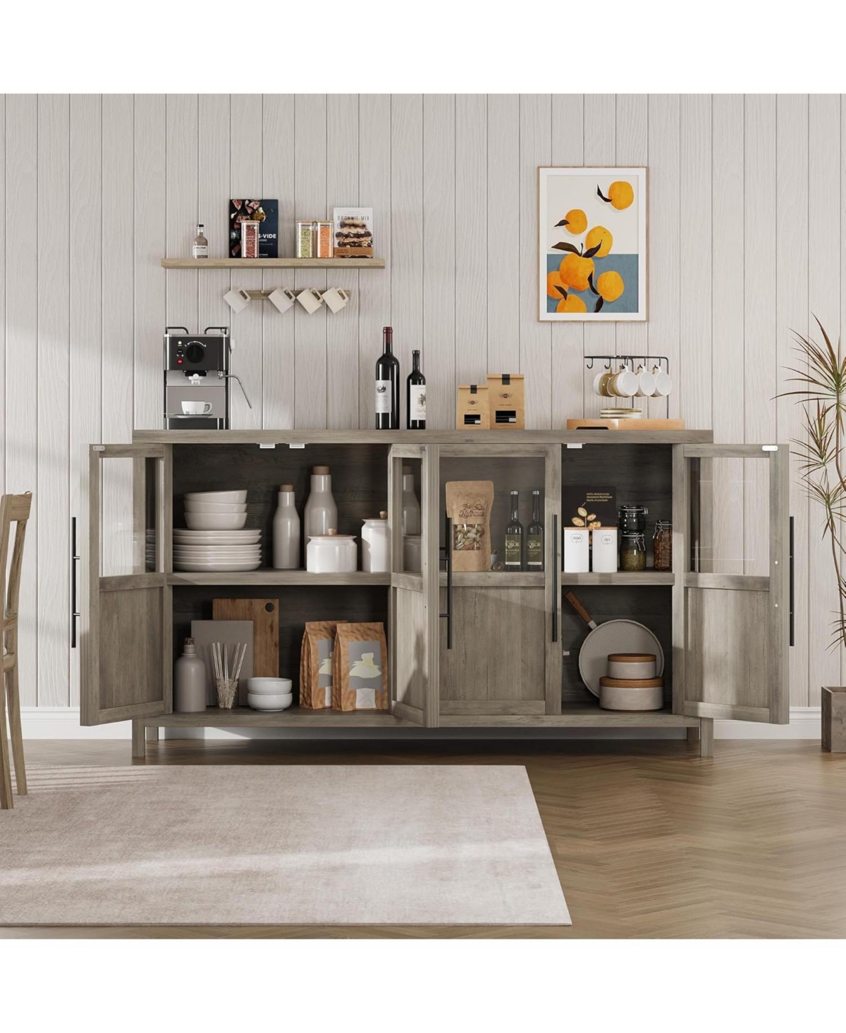 55" Sideboard Buffet Cabinet with 4 Glass Doors, Display Coffee Bar & Wine Storage, Modern Farmhouse Credenza for Dining Room, Kitchen, Living Ro