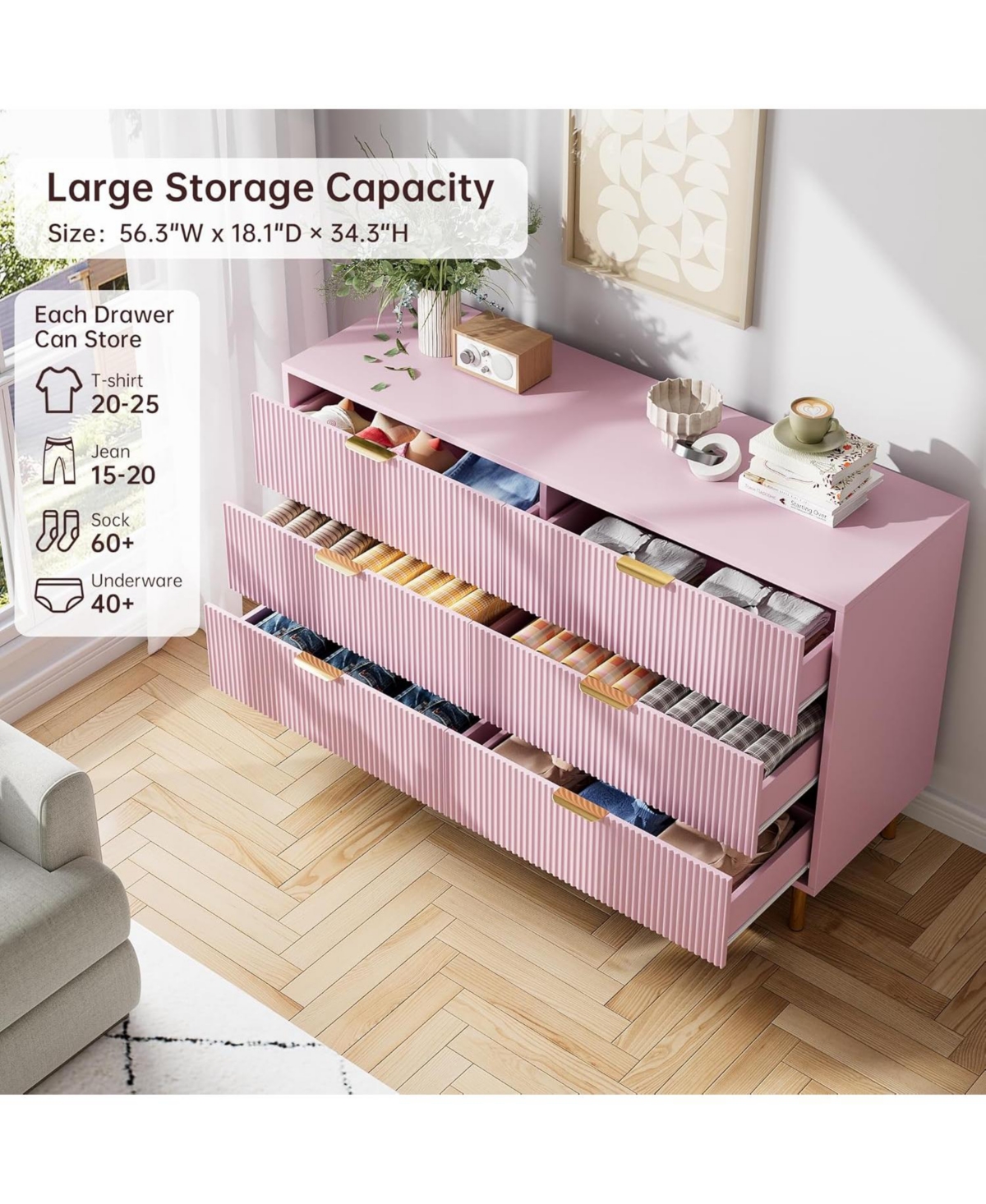 Gaomon Pink 6 Drawer Dresser, Modern Wood Double Chest of Drawers with Gold Handles, Large Storage Organizer for Bedroom, Living Room
