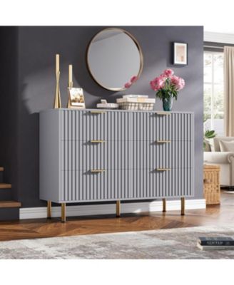 Fluted 6 Drawer Dresser, Modern Wide Chest with Deep Drawers, Wooden Storage Organizer for Living Room, Hallway, Kids Room