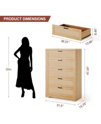 Tall Rattan Dresser 5 Drawer Chest Modern Wooden Storage Cabinet with Wide Top for Bedroom Living Room Hallway Entryway