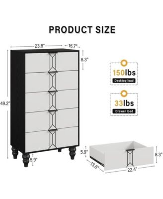 5-Drawer Wooden Oak & Gold Modern Tall Dresser with Deep Storage