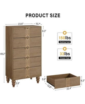 5-Drawer Wooden Oak & Gold Modern Tall Dresser with Deep Storage