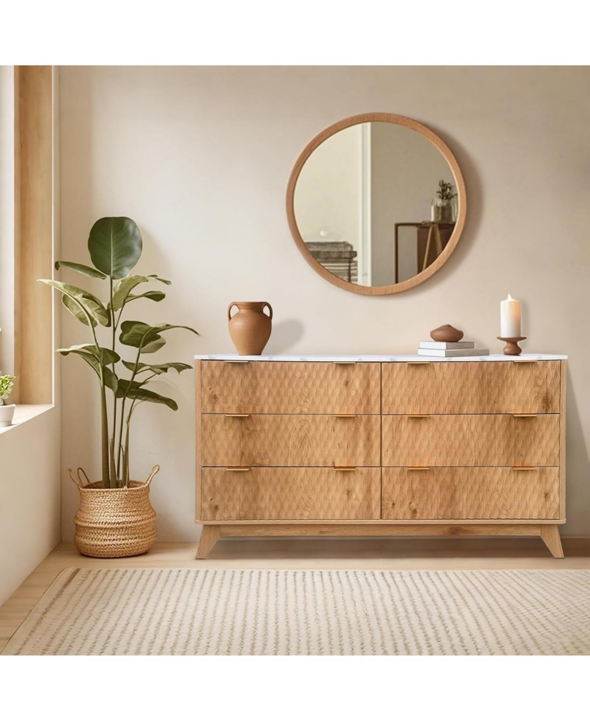 gaomon 54" Farmhouse Style 6-Drawer Chest with Faux Marble Top, Wide Wood Dresser for Bedroom & Living Room