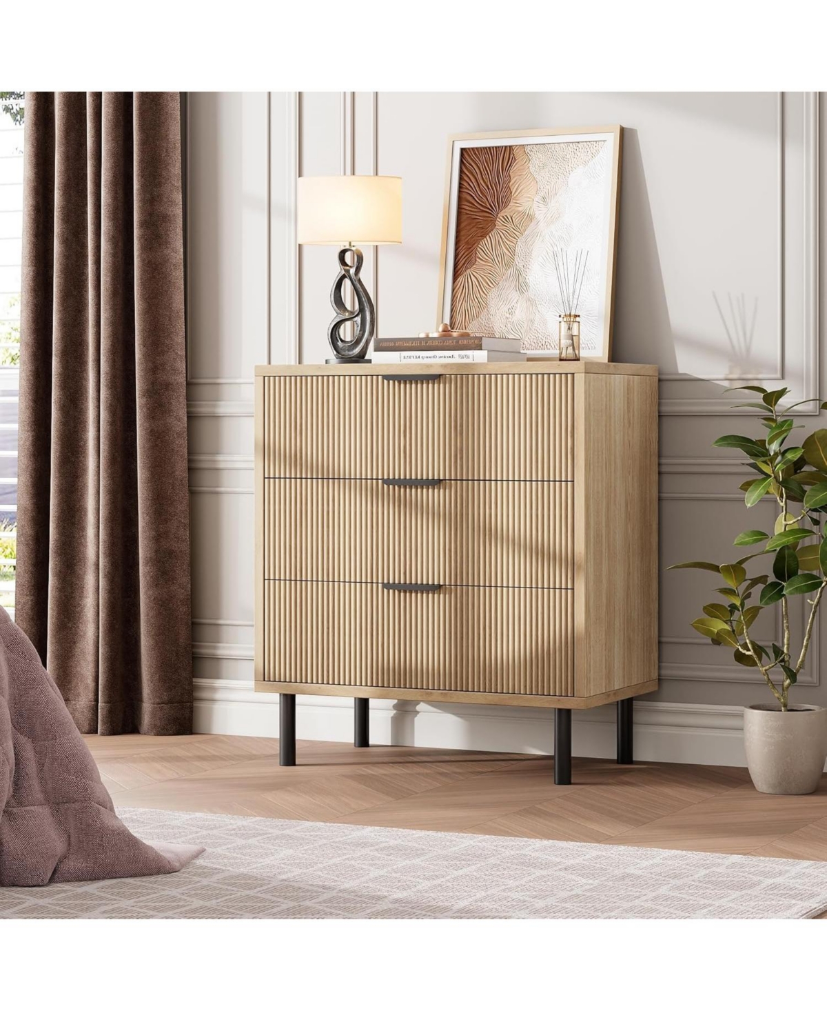 gaomon Modern Fluted 3-Drawer Dresser with Metal Legs, Wood Storage Organizer for Bedroom or Entryway