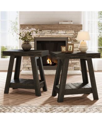 2-Tier Wooden End Table, Farmhouse Small Sofa Side Table with Storage, Rustic Grey