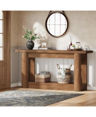 63-Inch Farmhouse Console Table, Narrow Long Sofa Table Behind Couch, 2-Tier Storage Entryway Furniture