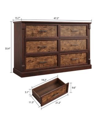 Farmhouse 6 Drawer Dresser for Bedroom, Rustic Chest of Drawers with Metal Handles, Large Double Dresser TV Stand