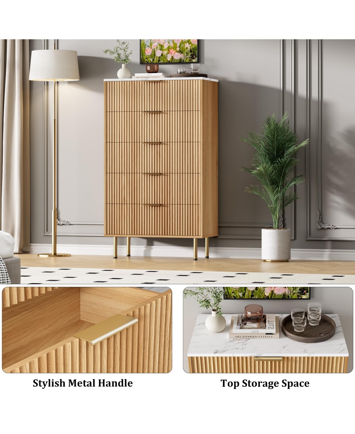 gaomon Fluted Wood 5-Drawer for Bedroom, Modern Chest, Tall Dresser
