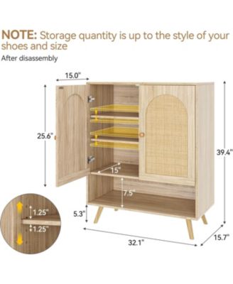 Rattan Shoe Cabinet with Doors, 4-Tier Entryway Shoe Organizer with Woven Rattan Panels and Adjustable Shelves for Hallway or Living Room