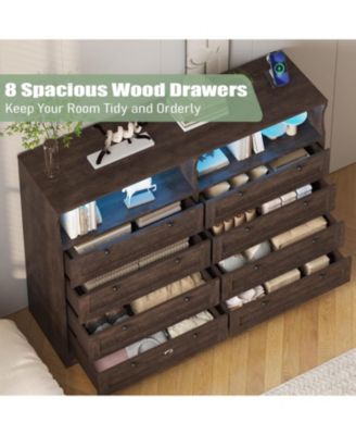 8-Drawer Bedroom Dresser with Charging Station & LED Lights, Modern Wide Wooden Chest for Bedroom Living Room Hallway Entryway
