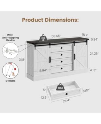 59" Farmhouse 4-Drawer Barn Door Dresser, Wide Wood Storage Chest and TV Stand for Bedroom or Entryway