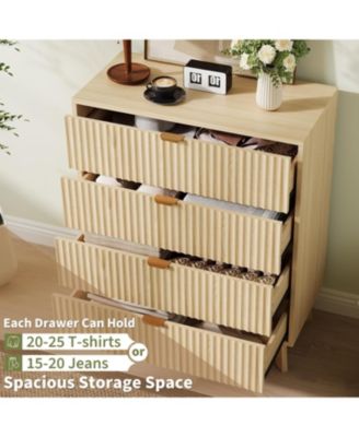 Fluted 4-Drawer Modern Dresser, Wood Storage Chest Organizer for Bedroom, Living Room, Hallway, Natural Oak