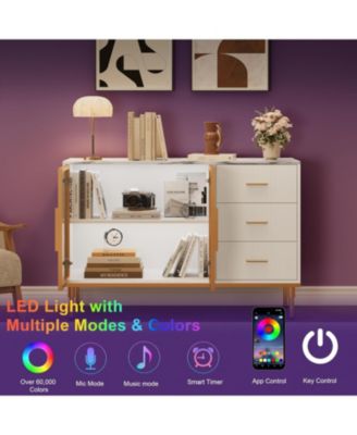 46.4" Fluted Buffet Sideboard Cabinet, Large Kitchen Storage with 2 Glass Doors, 3 Drawers & Shelves, Faux Marble Top Table