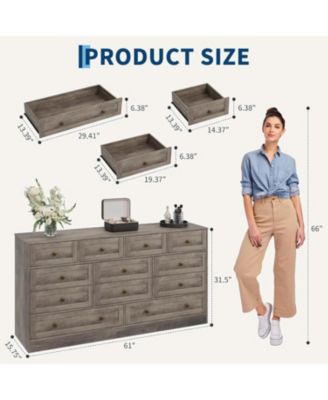 12-Drawer Wooden Bedroom Dresser, Wide Chest with Storage Organizer & TV Stand for 65" TV, Clothes Storage for Living Room, Hallway, 61"x15.75"