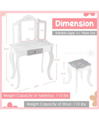 MDF Wood Tri-Folding Acrylic Mirror, Removable Mirror, Anti-Tip Safety, Includes Accessories Kids Vanity Set