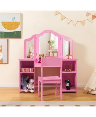 Kids Vanity 2 in 1 Princess Makeup Desk & Chair Set Safe Tri-fold Mirror