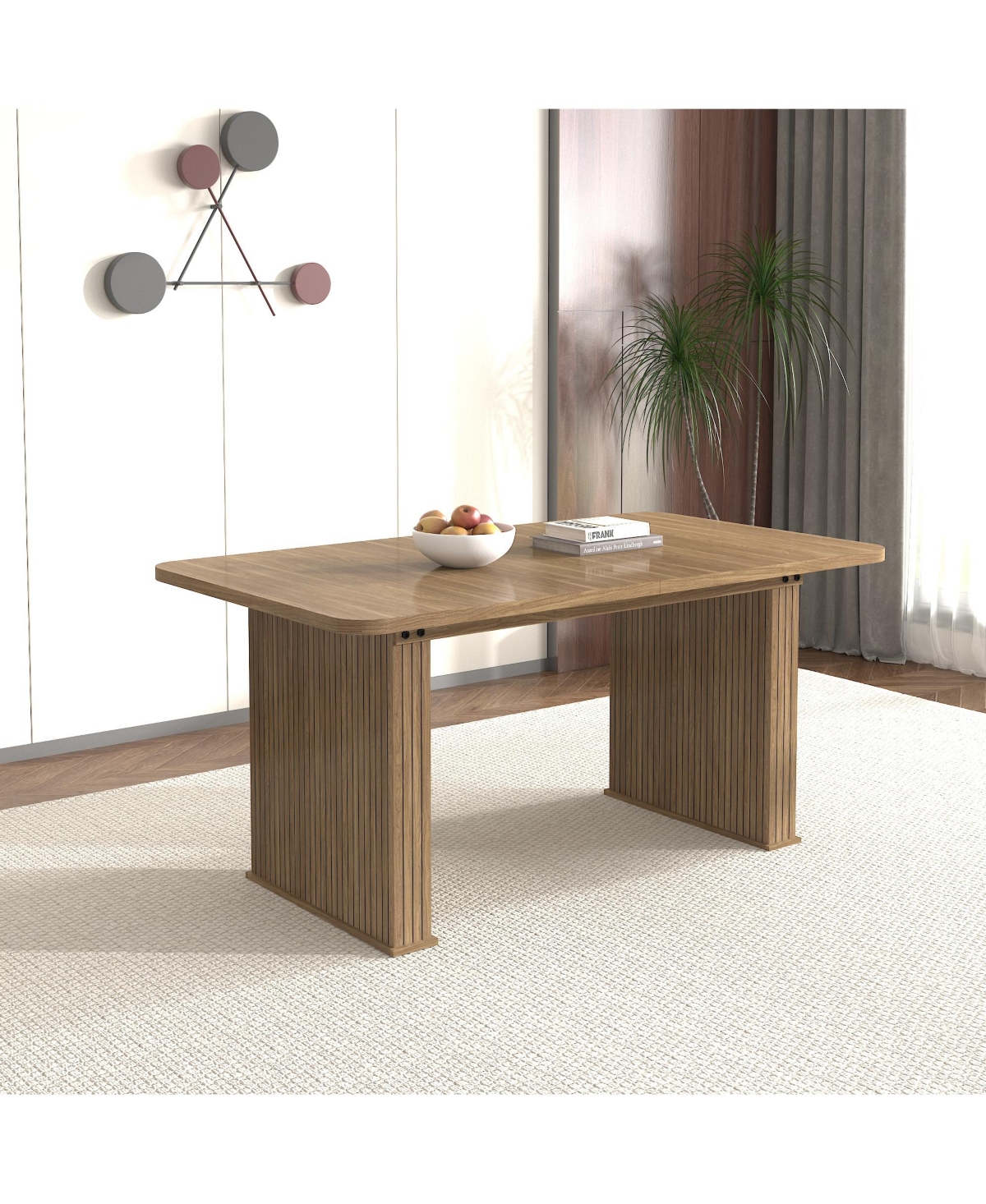 Lovmor Modern Dining Table for 6-10 People, Wood Kitchen Table with Double Robust Pedestal, Wooden Dinner Table for Dining Room