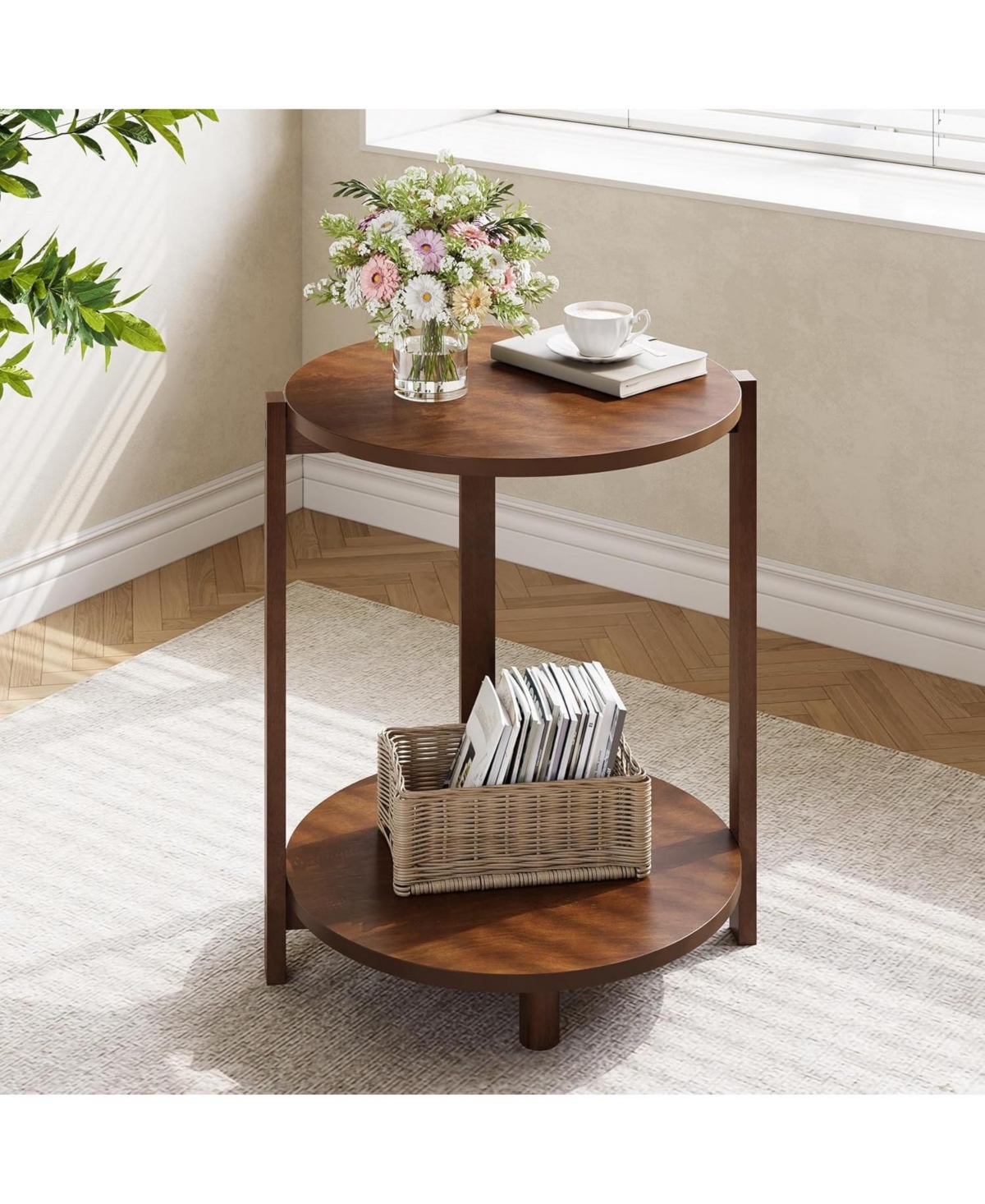 Tribesigns Solid Wood Side Table Set of 2, Small Round End Table with 2-Tier Storage
