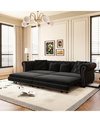 89" Sleeper Sofa Bed, King Size Velvet Pull-Out Couch with Chaise Lounge & Ottoman, 3-in-1 Tufted Sofa for Living Room