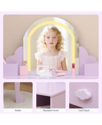 Kids Vanity with Lighted Mirror & Stool, Little Girls Vanity with Adjustable LED Light, Storage Drawer & Shelves for Girls 3-9