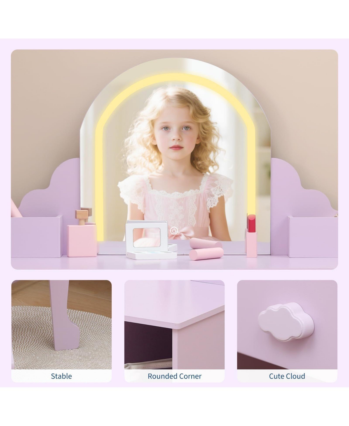 gaomon Kids Vanity with Lighted Mirror & Stool, Little Girls Vanity with Adjustable Led Light, Storage Drawer & Shelves for Girls 3-9