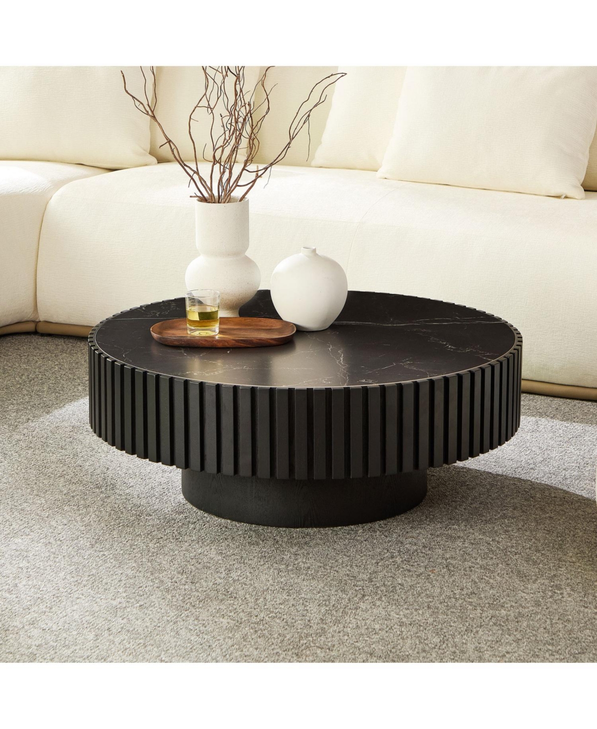 Streamdale 35" Nesting Round Stone Coffee Table - Black