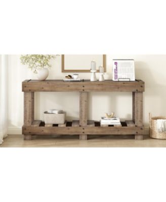 62.9" Fir Wood Console Table with Shelf & Metal Rivets