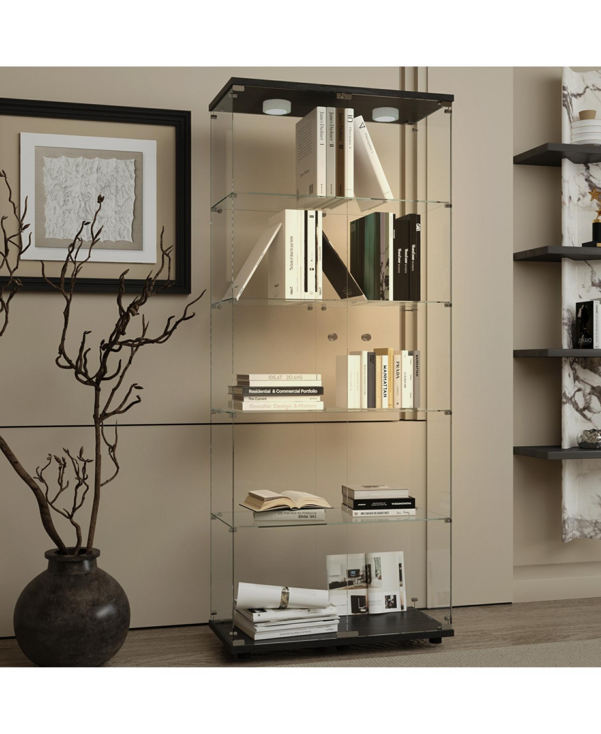 Streamdale Black Tempered Glass Display Cabinet with Lights & Locks