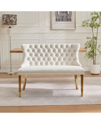 Velvet Dining Loveseat Bench, Tufted 2-Seat, Gold Legs, Mid Century Modern, Beige