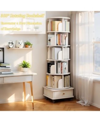 Rotating Bookshelf with Wheels & Drawer
