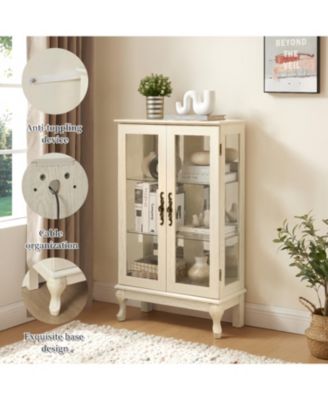 Lighted Curio Cabinet with Glass Doors & Adjustable Shelves - White