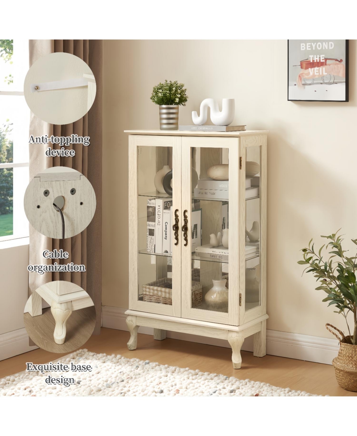 Streamdale Furniture Lighted Curio Cabinet with Glass Doors & Adjustable Shelves - White