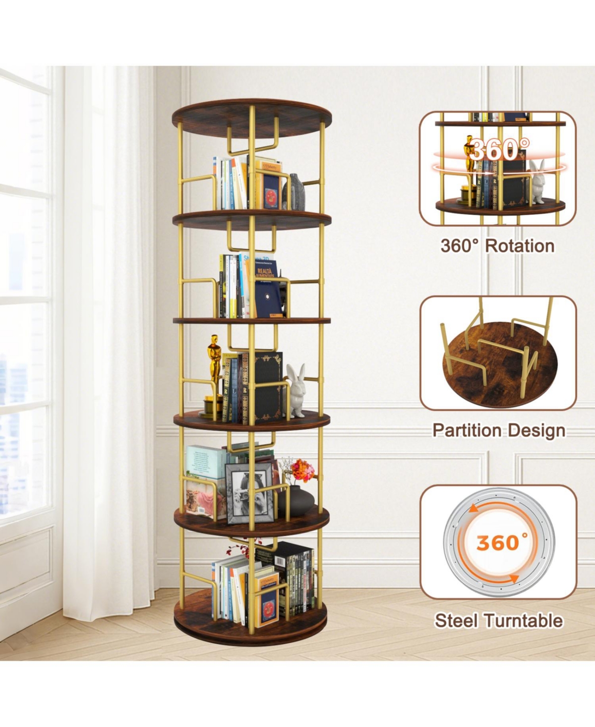 Streamdale Furniture Rotating 5-Tier Bookshelf - 360 Swivel, Gold