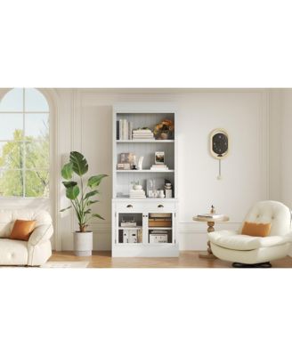 Streamdale Modern Bookcase with Glass Doors & Drawer, 83.4" Tall, White