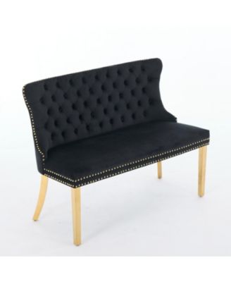  Velvet Dining Loveseat Bench, Tufted, Wing Back, Gold Legs, Black