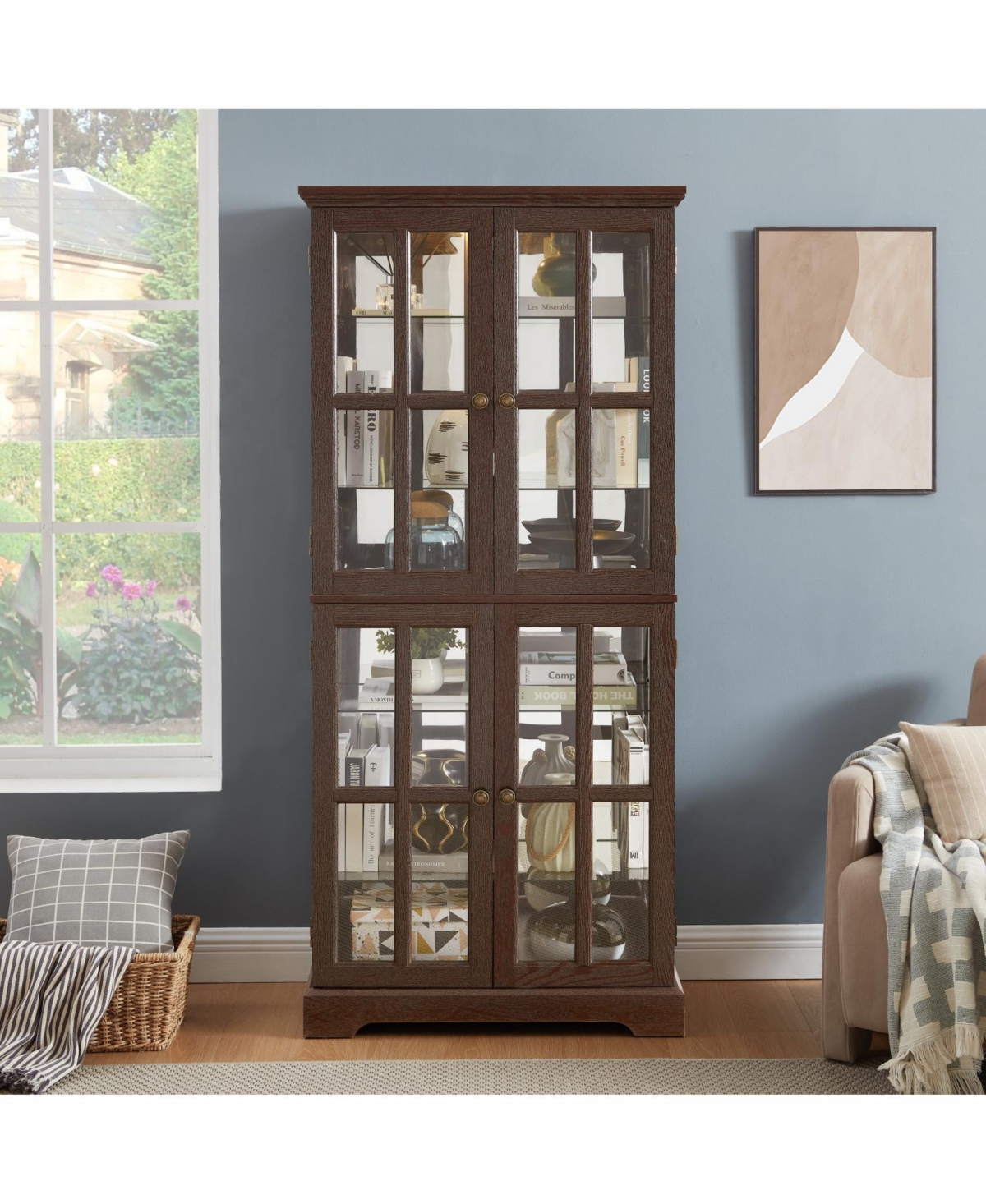 Streamdale Furniture Antique Glass Display Cabinet with Adjustable Shelves and E26 Bulb