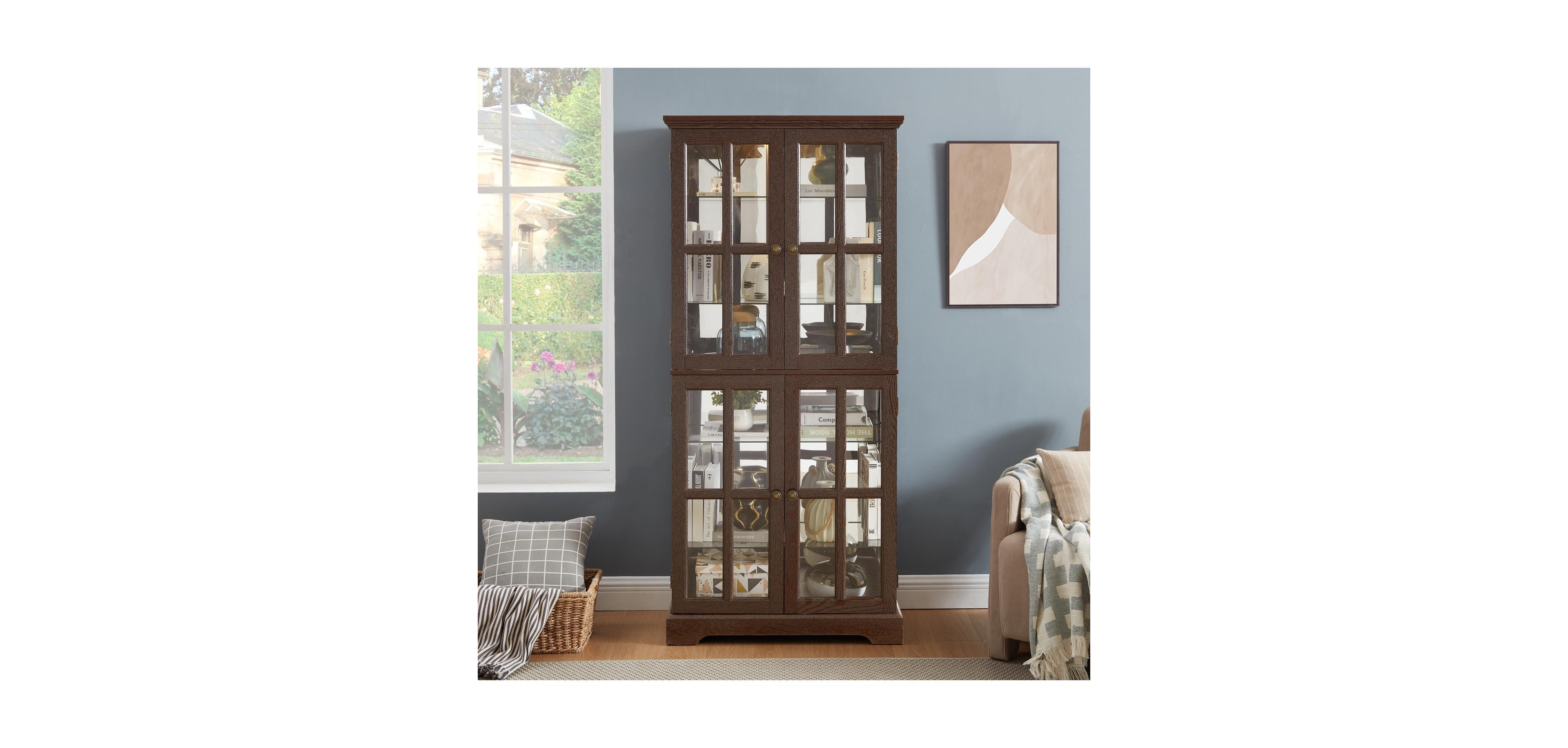 Streamdale Furniture Antique Glass Display Cabinet with Adjustable Shelves and E26 Bulb