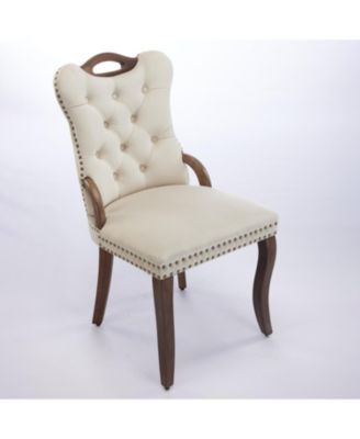 Streamdale Velvet Tufted Dining Chairs, Wood Handles & Legs, Copper Nails, Beige, Set of 2
